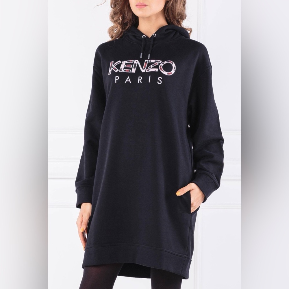 Kenzo Black Logo hooded sweatshirt dress large euc